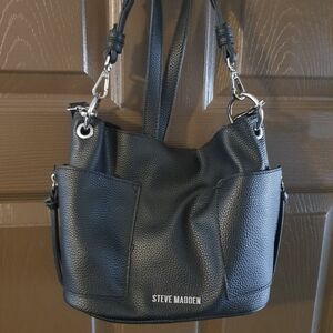 Steve Madden Black Pebbled Leather Shoulder Tote with Dual Straps